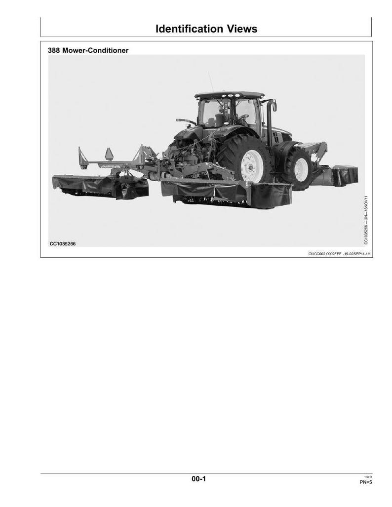 May include: Black and white image of a 388 Mower-Conditioner, a tractor with attached mowing equipment. The tractor has large tires and a cab. The image includes the text "Identification Views" and "CC1035266".
