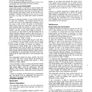 May include: A page from a manual detailing the maintenance of an alternator, dynamo, and starter motor. The text includes instructions for lubrication, brush gear, and commutator maintenance.