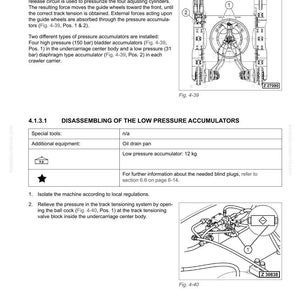 May include: Technical diagram of a track tensioning accumulator system. The image includes diagrams, text, and measurements in kg. The text describes the function and disassembly of the system, including the use of special tools and equipment.