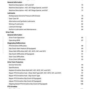 Pode incluir: Uma p&aacute;gina de manual impressa em preto e branco com um &iacute;ndice. Os t&iacute;tulos incluem "Lubrificantes", "Transmiss&atilde;o" e "Dificuldades da tomada de for&ccedil;a". Os n&uacute;meros das p&aacute;ginas est&atilde;o &agrave; direita.