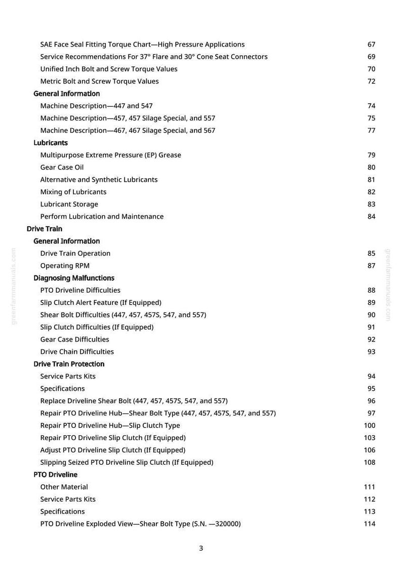 Pode incluir: Uma p&aacute;gina de manual impressa em preto e branco com um &iacute;ndice. Os t&iacute;tulos incluem "Lubrificantes", "Transmiss&atilde;o" e "Dificuldades da tomada de for&ccedil;a". Os n&uacute;meros das p&aacute;ginas est&atilde;o &agrave; direita.