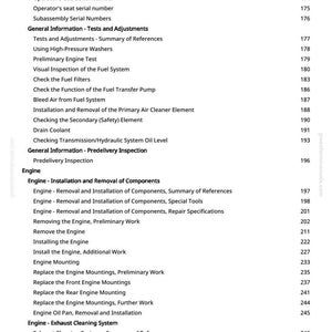 May include: A detailed table of contents from a manual, listing engine-related topics. Sections include engine serial numbers, tests, adjustments, and installation procedures. The text is in black on a white background, with page numbers on the right.
