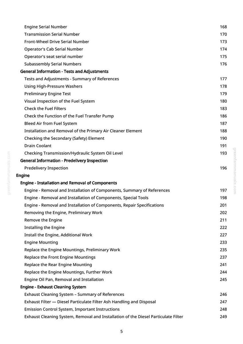 May include: A detailed table of contents from a manual, listing engine-related topics. Sections include engine serial numbers, tests, adjustments, and installation procedures. The text is in black on a white background, with page numbers on the right.