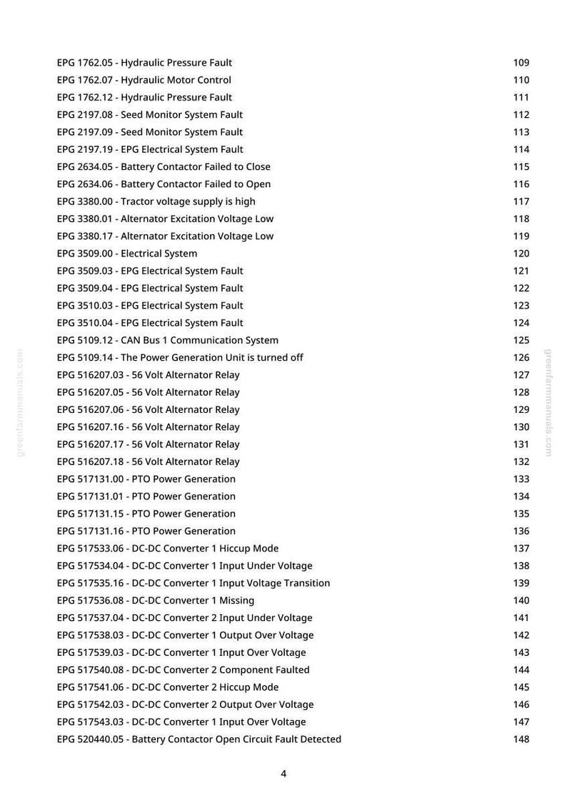 May include: A page from a manual with a list of EPG fault codes and descriptions, including "Hydraulic Pressure Fault" and "Electrical System Fault." The document also lists page numbers.