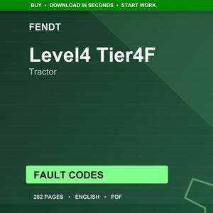 Op de afbeelding: Een digitaal document getiteld "Level4 Tier4F Tractor" van Fendt, met een groene en donkergroene achtergrond. Het document bevat de tekst "FAULT CODES" in een groene rechthoek. Het document is 282 pagina's en in het Engels.