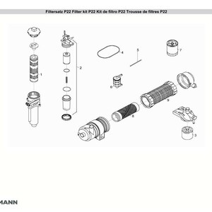 Puede incluir: Un diagrama expl&iacute;cito de un kit de filtro P22, con varios componentes. La imagen incluye filtros cil&iacute;ndricos, conectores y otras piezas, todo en blanco y negro. El texto "Filtersatz P22 Filter kit P22" est&aacute; en la parte superior.