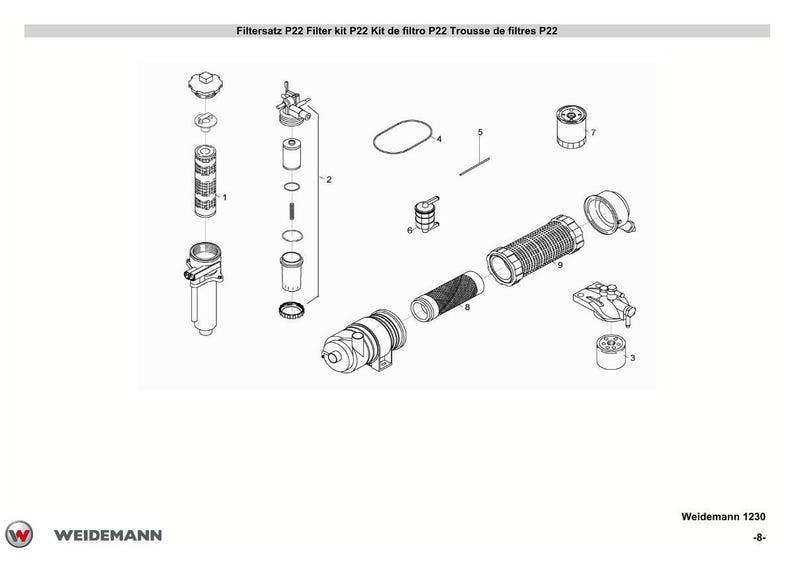 Puede incluir: Un diagrama expl&iacute;cito de un kit de filtro P22, con varios componentes. La imagen incluye filtros cil&iacute;ndricos, conectores y otras piezas, todo en blanco y negro. El texto "Filtersatz P22 Filter kit P22" est&aacute; en la parte superior.