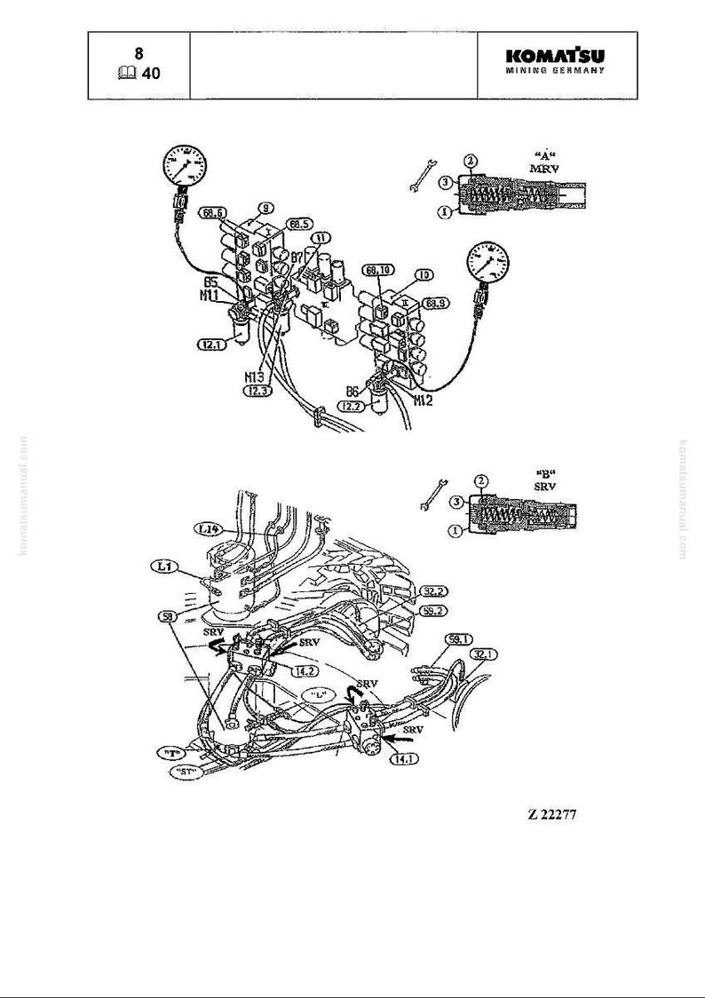 May include: Technical diagram of Komatsu mining equipment, showing hydraulic components such as valves, gauges, and piping. The diagram includes part numbers and annotations for reference. Measurements are in metric.