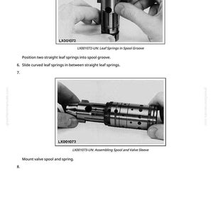 May include: Two grayscale images depict the assembly of mechanical parts. The first image shows leaf springs being positioned. The second image shows the valve spool and spring being assembled. Text includes "Leaf Springs in Spool Groove" and "Assembling Spool and Valve Sleeve."