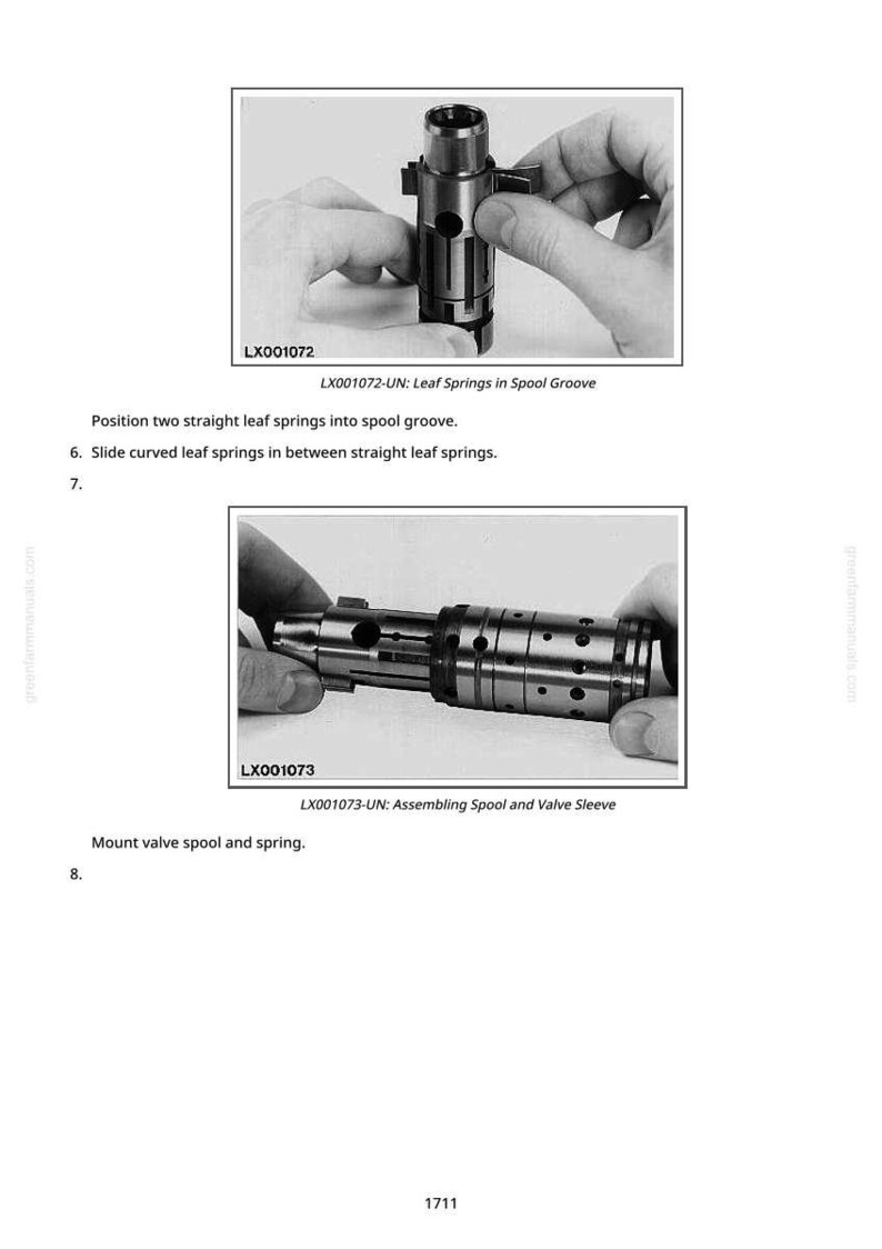 May include: Two grayscale images depict the assembly of mechanical parts. The first image shows leaf springs being positioned. The second image shows the valve spool and spring being assembled. Text includes "Leaf Springs in Spool Groove" and "Assembling Spool and Valve Sleeve."