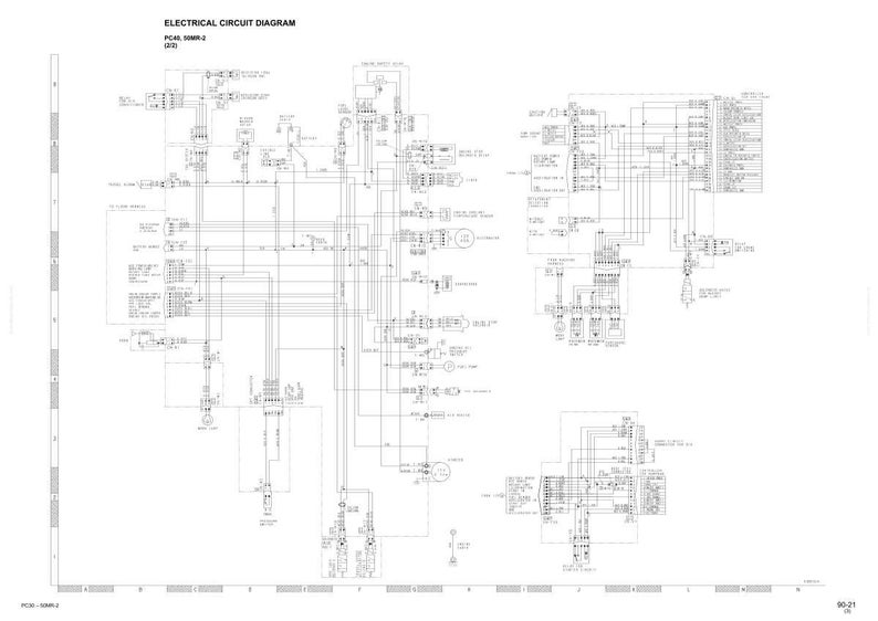 May include: A detailed electrical circuit diagram, labeled "ELECTRICAL CIRCUIT DIAGRAM", with numerous lines, symbols, and text. The diagram is in black and white, with a grid along the bottom and left side. The document is labeled PC40-5000R-2.