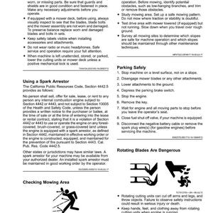 May include: Safety guidelines for operating a mower are listed. The image includes warnings about inspecting the machine, avoiding obstacles, and parking safely. It also features instructions on using a spark arrestor and the dangers of rotating blades.
