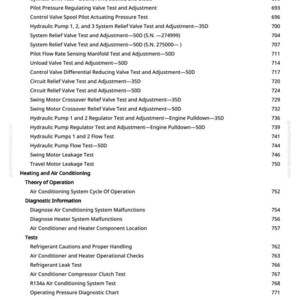 Pode incluir: Uma p&aacute;gina de manual com uma lista de testes e procedimentos, incluindo testes do sistema hidr&aacute;ulico, diagn&oacute;sticos de ar condicionado e verifica&ccedil;&otilde;es de refrigerante. Texto preto sobre fundo branco.