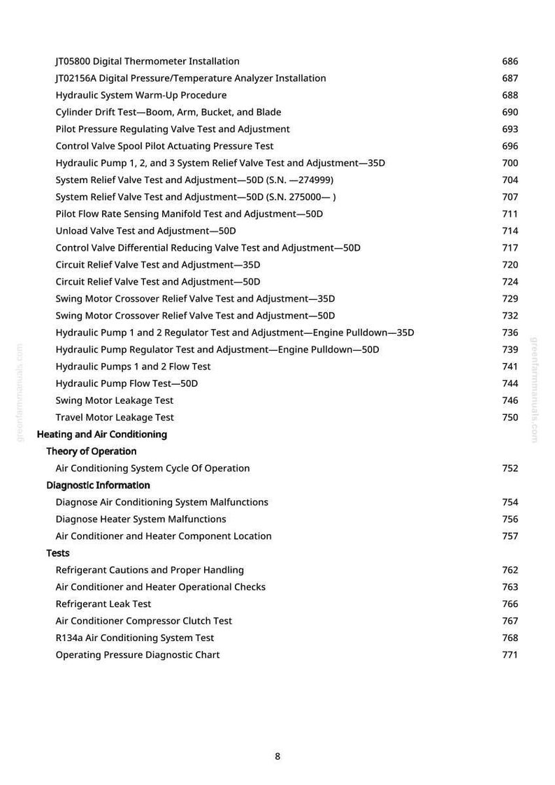 Pode incluir: Uma p&aacute;gina de manual com uma lista de testes e procedimentos, incluindo testes do sistema hidr&aacute;ulico, diagn&oacute;sticos de ar condicionado e verifica&ccedil;&otilde;es de refrigerante. Texto preto sobre fundo branco.