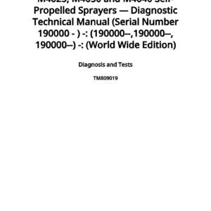 K&ouml;nnte beinhalten: Ein wei&szlig;es Handbuchcover mit schwarzem Text. Der Text lautet "M4025, M4030 und M4040 Selbstfahrspritzen - Diagnostisches technisches Handbuch". Zus&auml;tzlicher Text enth&auml;lt Seriennummern, "Diagnose und Tests" und das Datum "14. Dezember 2020".