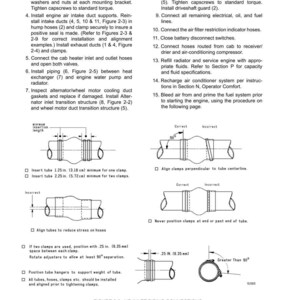 May include: Diagram of air inlet piping connections with detailed instructions for installation and maintenance. Includes illustrations of correct and incorrect clamp placement, with measurements in inches and centimeters. Text includes steps for connecting hoses and installing components.