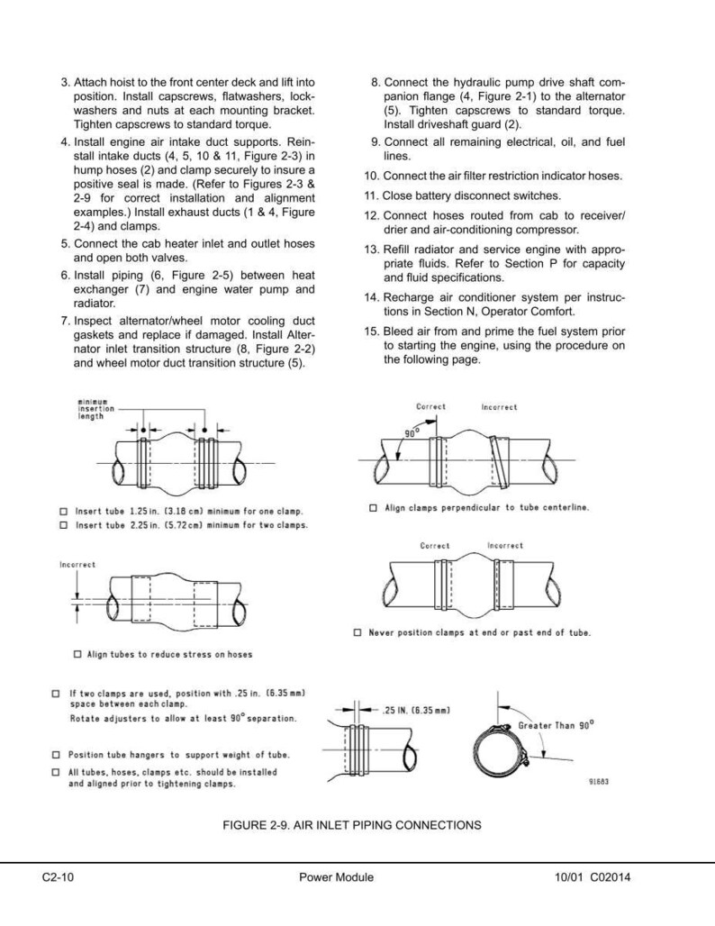 May include: Diagram of air inlet piping connections with detailed instructions for installation and maintenance. Includes illustrations of correct and incorrect clamp placement, with measurements in inches and centimeters. Text includes steps for connecting hoses and installing components.