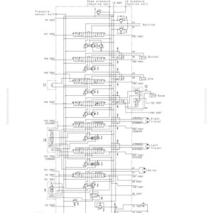 K&ouml;nnte beinhalten: Ein detailliertes hydraulisches Schaltbild mit Ventilenamen wie "PP PORT", "PA1 PORT" und "Main Pump". Das Diagramm ist in Schwarzwei&szlig; gehalten und zeigt die Funktionen und den Betrieb jeder Ventil mit Linien und Symbolen.