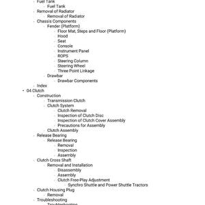 Op de afbeelding: Een technische diagram met gedetailleerde mechanische componenten en procedures, zoals 'Cabine verwijderen', 'Brandstoftank' en 'Koppeling systeem'. De tekst is hi&euml;rarchisch gerangschikt, mogelijk voor een handleiding of gids.