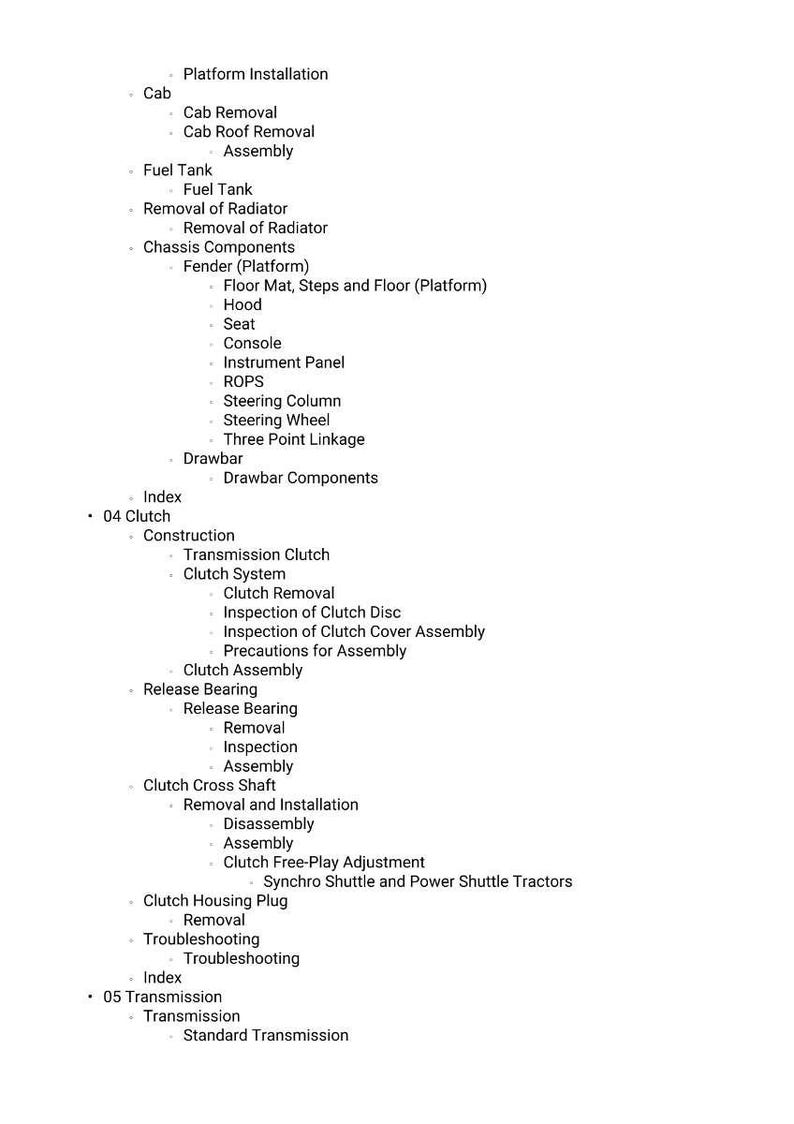 Op de afbeelding: Een technische diagram met gedetailleerde mechanische componenten en procedures, zoals 'Cabine verwijderen', 'Brandstoftank' en 'Koppeling systeem'. De tekst is hi&euml;rarchisch gerangschikt, mogelijk voor een handleiding of gids.