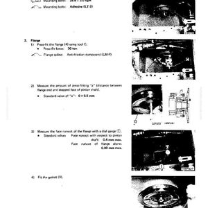 May include: Technical diagram with instructions for automotive repair. Includes text detailing steps for flange installation, measuring, and tightening bolts. Measurements are in kgm and mm.