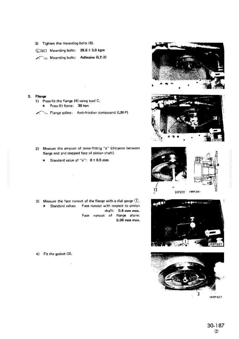 May include: Technical diagram with instructions for automotive repair. Includes text detailing steps for flange installation, measuring, and tightening bolts. Measurements are in kgm and mm.