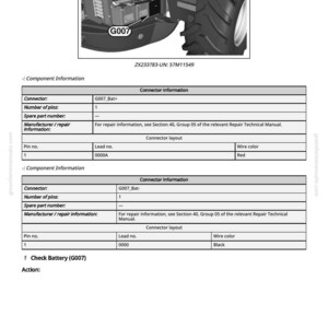 Pu&ograve; includere: Schema di un componente del trattore con il testo "G007" e "ZX233783-UN: 57M11549". L'immagine include una tabella con informazioni sul connettore, numeri di pin, numeri di filo e colori dei fili. &Egrave; visibile anche il testo "1 Check Battery (G007)".