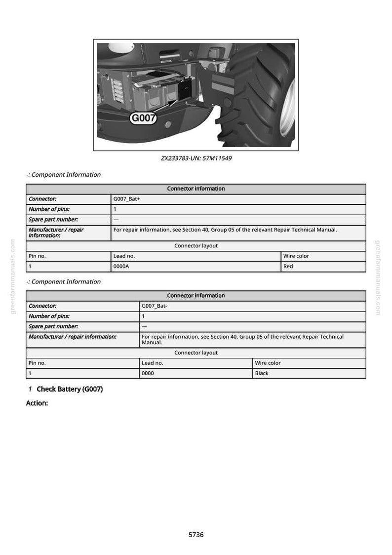 Pu&ograve; includere: Schema di un componente del trattore con il testo "G007" e "ZX233783-UN: 57M11549". L'immagine include una tabella con informazioni sul connettore, numeri di pin, numeri di filo e colori dei fili. &Egrave; visibile anche il testo "1 Check Battery (G007)".