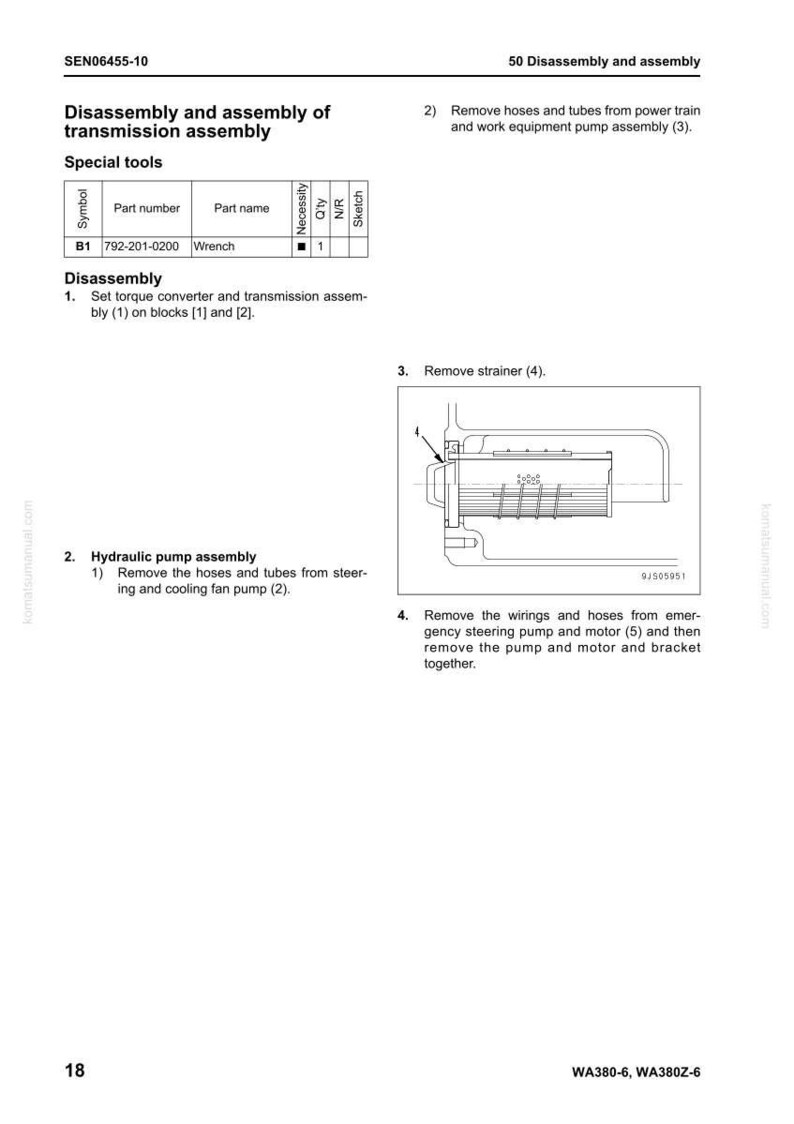 Puede incluir: Diagrama t&eacute;cnico de un manual que detalla el desmontaje y montaje de una transmisi&oacute;n. Incluye una llave, n&uacute;meros de pieza y diagramas del montaje de la bomba hidr&aacute;ulica y la extracci&oacute;n del filtro. El documento est&aacute; etiquetado SEN06455-10.