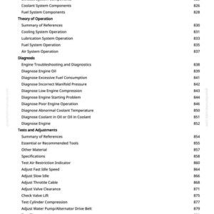 May include: A page from a manual with a table of contents. The text includes sections on fuel systems, engine operation, diagnosis, tests, and adjustments. Page numbers are listed on the right.