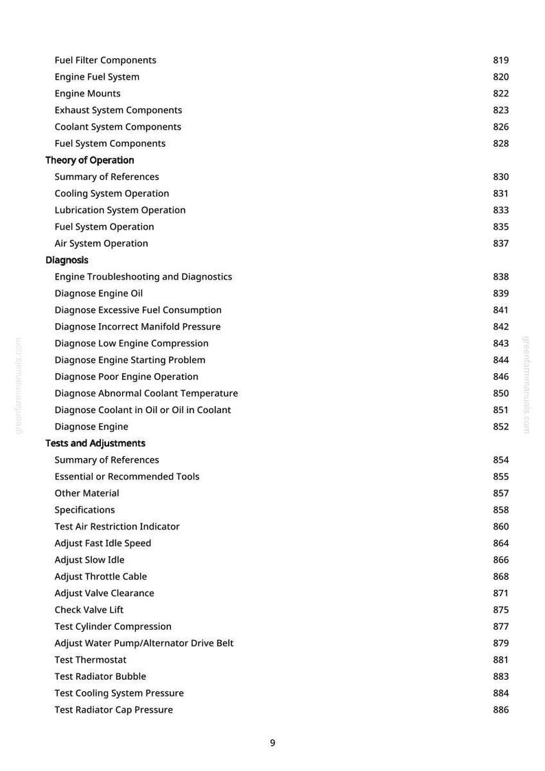 May include: A page from a manual with a table of contents. The text includes sections on fuel systems, engine operation, diagnosis, tests, and adjustments. Page numbers are listed on the right.