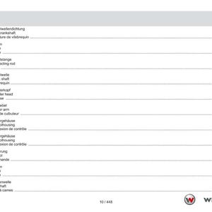 May include: A page from a technical manual, featuring a table of contents in German, English, and French. The document lists engine components such as crankshaft, piston, and cylinder head. The Weidemann logo is visible at the bottom.