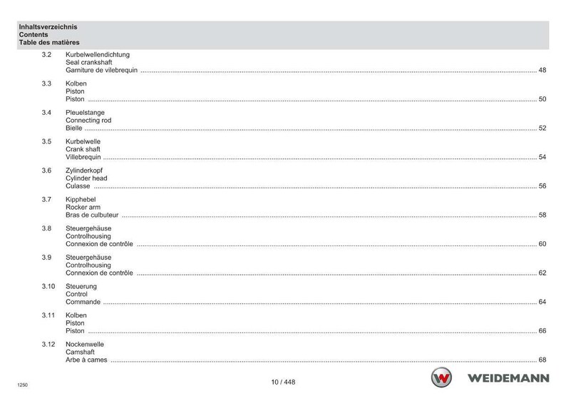 May include: A page from a technical manual, featuring a table of contents in German, English, and French. The document lists engine components such as crankshaft, piston, and cylinder head. The Weidemann logo is visible at the bottom.