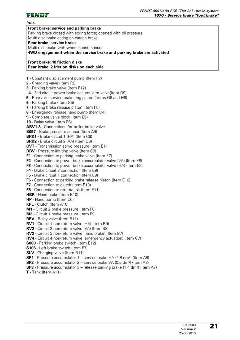 May include: Diagram of the Fendt 800 Vario SCR (Tier 3b) brake system, including front and rear brake details, friction disks, and component labels. Text includes information on service and parking brakes.