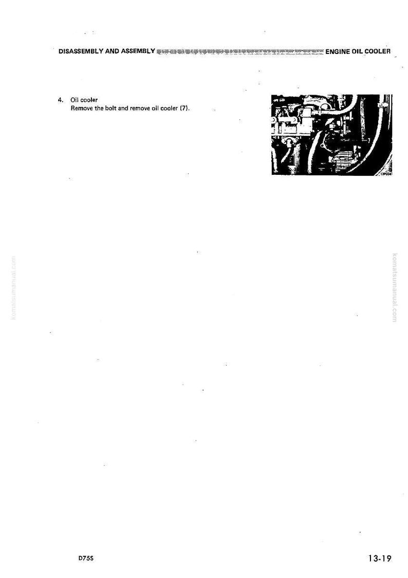 May include: Diagram from a manual showing the disassembly and assembly of an engine oil cooler. The image includes a detailed illustration of the oil cooler and instructions to remove the bolt and the oil cooler.