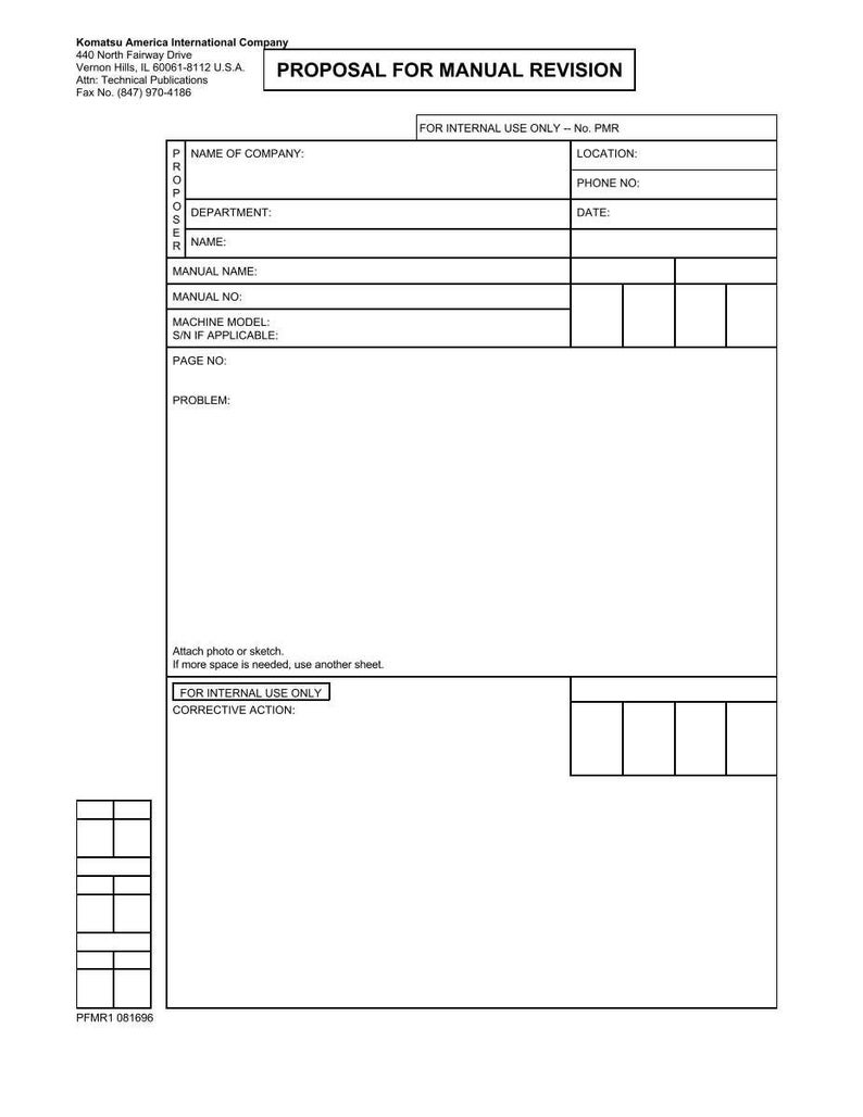 Puede incluir: Un formulario blanco titulado "PROPUESTA DE REVISI&Oacute;N MANUAL" con campos para informaci&oacute;n de la empresa, detalles del manual y descripci&oacute;n del problema. Incluye el logotipo y la informaci&oacute;n de contacto de Komatsu America International Company.