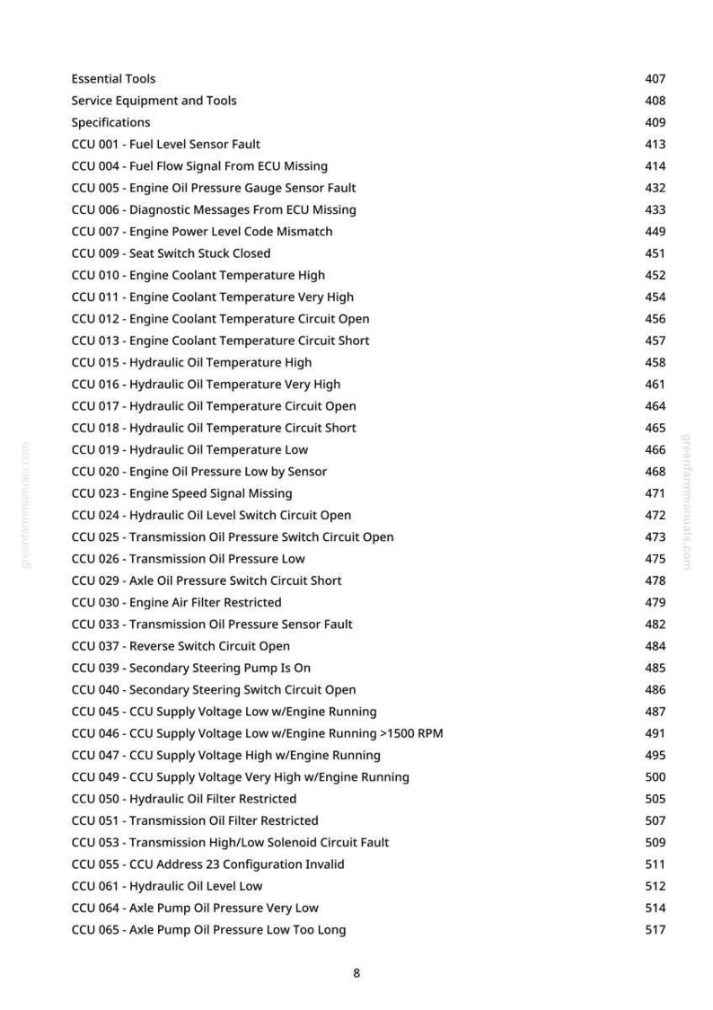 Op de afbeelding: Een gedetailleerde lijst met essenti&euml;le tools, serviceapparatuur en specificaties, inclusief CCU-foutcodes. De tekst is georganiseerd met paginanummers en bevat informatie over motor- en hydraulische olietemperaturen.