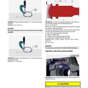 May include: Technical diagram from a service manual, featuring measurements and assembly instructions. Includes figures for measuring dimensions W and Z, and calculating spacer S2. Also shows a central tire inflation system and Loctite 270 application.