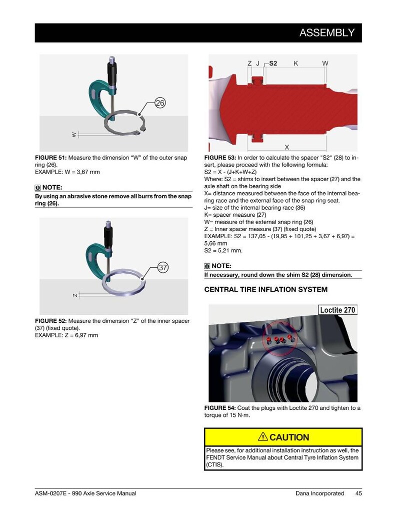 May include: Technical diagram from a service manual, featuring measurements and assembly instructions. Includes figures for measuring dimensions W and Z, and calculating spacer S2. Also shows a central tire inflation system and Loctite 270 application.