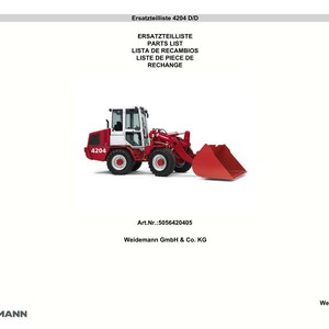 Pu&ograve; includere: Un caricatore Weidemann 4204 D/D rosso e bianco su sfondo bianco. Il caricatore ha una benna e ruote rosse. L'immagine include il testo "Ersatzteilliste 4204 D/D" e "PARTS LIST".