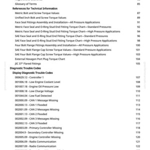 May include: A page from a manual with a table of contents and diagnostic trouble codes. The text includes sections on torque values, fitting assemblies, and diagnostic codes like "Low Engine Coolant Level" and "CAN 1 Message Missing."