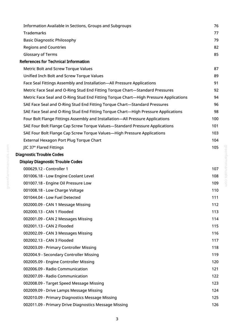 May include: A page from a manual with a table of contents and diagnostic trouble codes. The text includes sections on torque values, fitting assemblies, and diagnostic codes like "Low Engine Coolant Level" and "CAN 1 Message Missing."