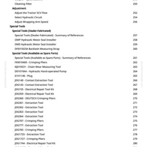 May include: A white-background page from a manual with a table of contents. The text includes "Install Wrapping Arm Hydraulic Brake," "Coupler," "Adjustment," and "Special Tools." Page numbers are listed on the right.