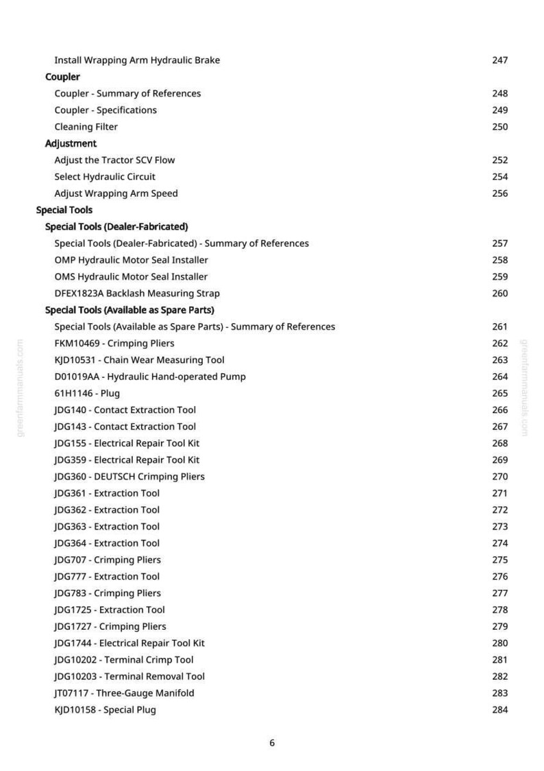 May include: A white-background page from a manual with a table of contents. The text includes "Install Wrapping Arm Hydraulic Brake," "Coupler," "Adjustment," and "Special Tools." Page numbers are listed on the right.