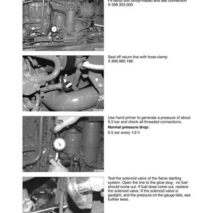 May include: Black and white technical diagram of a fuel system test procedure. The diagram includes images of engine components, text instructions, and a pressure gauge. The text includes measurements in bar.