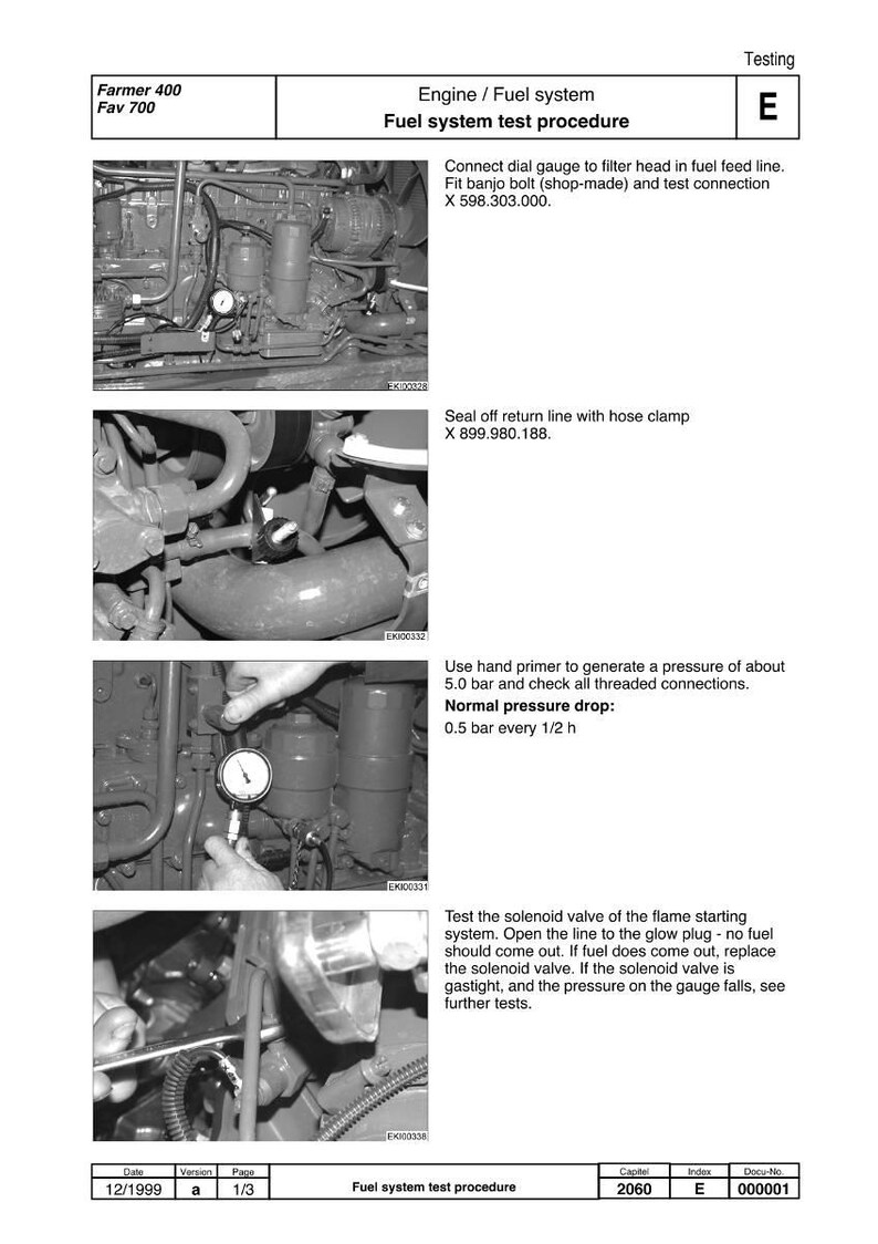 May include: Black and white technical diagram of a fuel system test procedure. The diagram includes images of engine components, text instructions, and a pressure gauge. The text includes measurements in bar.