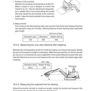 Puede incluir: Diagrama t&eacute;cnico de una m&aacute;quina de construcci&oacute;n, con instrucciones de inspecci&oacute;n y ajuste. Incluye medidas en mm y grados, con ilustraciones de la m&aacute;quina. Instrucciones para la distancia de giro y la temperatura del aceite.