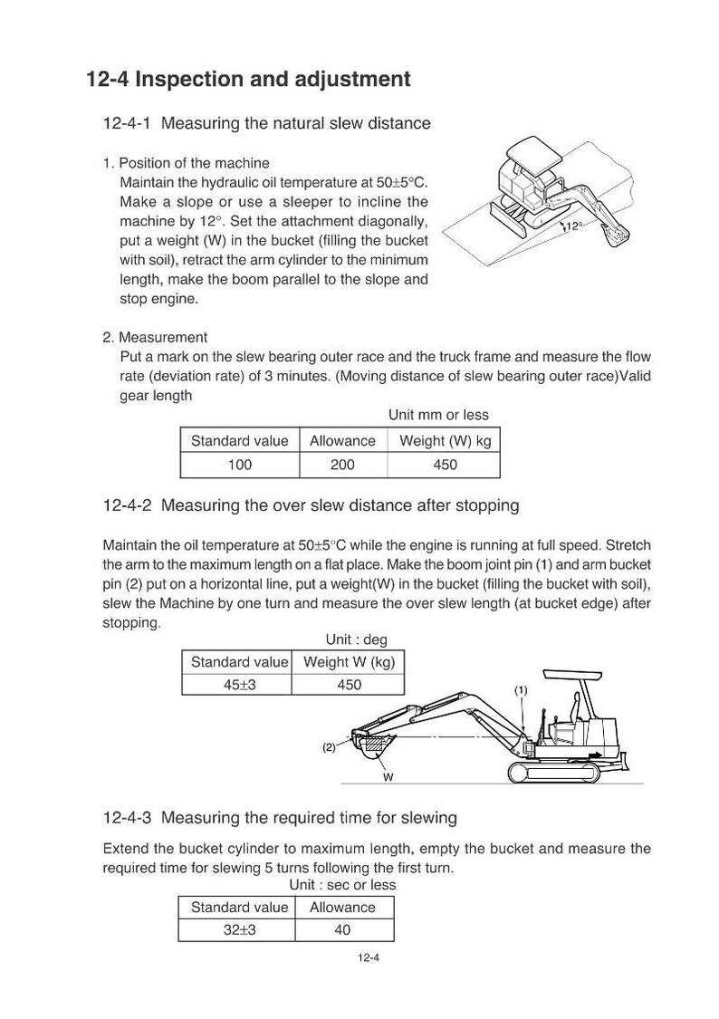 Puede incluir: Diagrama t&eacute;cnico de una m&aacute;quina de construcci&oacute;n, con instrucciones de inspecci&oacute;n y ajuste. Incluye medidas en mm y grados, con ilustraciones de la m&aacute;quina. Instrucciones para la distancia de giro y la temperatura del aceite.