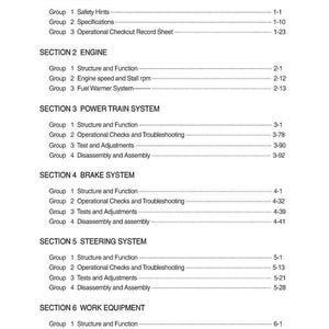 May include: A detailed table of contents from a manual, listing sections on general information, engine, power train, brake, steering, and work equipment. Each section includes multiple groups with page numbers.
