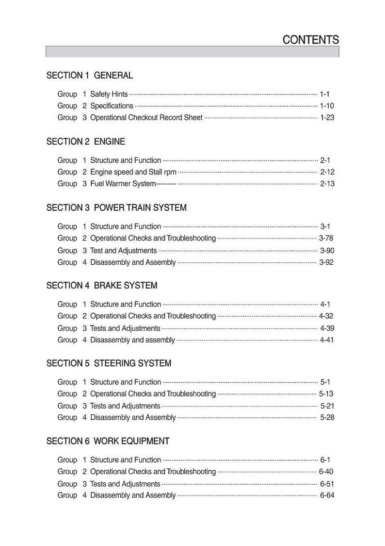 May include: A detailed table of contents from a manual, listing sections on general information, engine, power train, brake, steering, and work equipment. Each section includes multiple groups with page numbers.